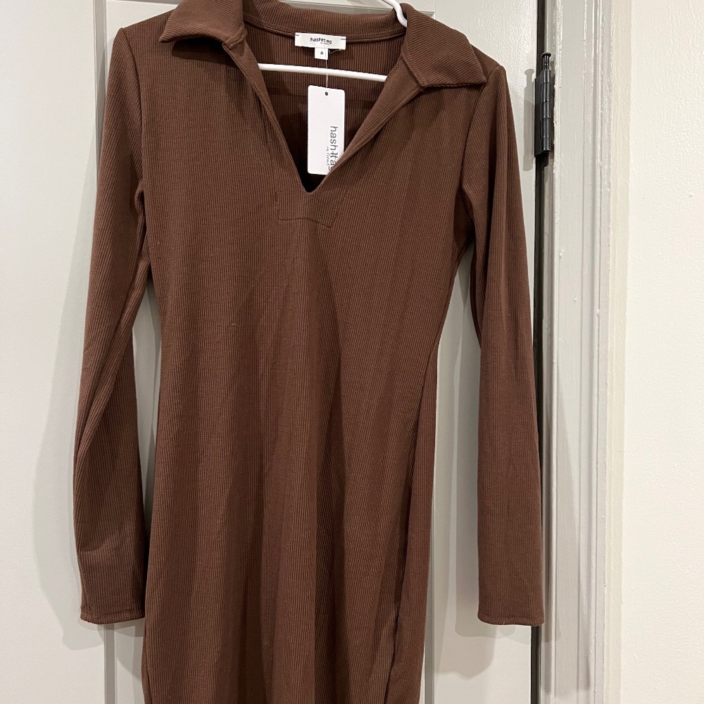 NWT Collared long sleeve sweater dress in brown ribbed material